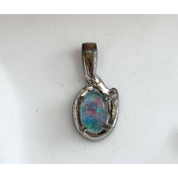 Faux Opal Stone Teeny Tiny Sterling Silver 925 Little Vintage Pendant | Charm - Picture 1 of 7